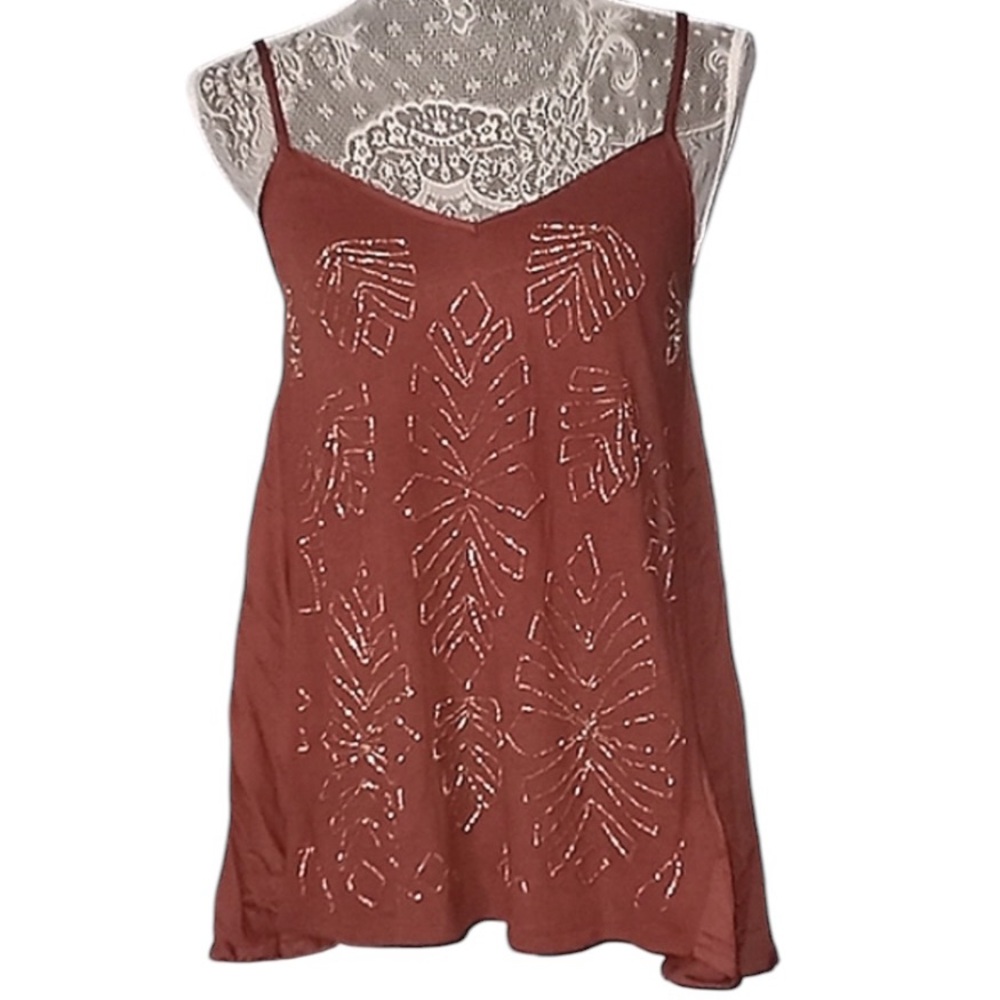 Anthropologie linen blend heavily beaded front leaf pattern brown/rust cami
